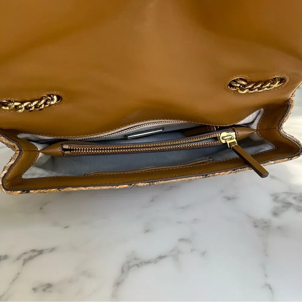 Tory Burch Kira Chevron Exotic Snakeskin Leather Convertible Shoulder Bag Tan